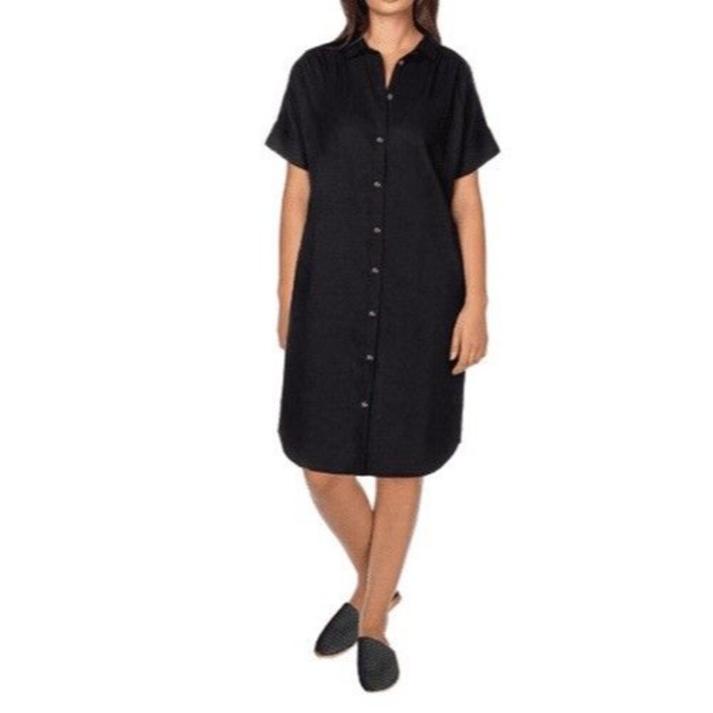 Well Worn Linen Blend Short Sleeve Button Up Dress Black XXL NWT